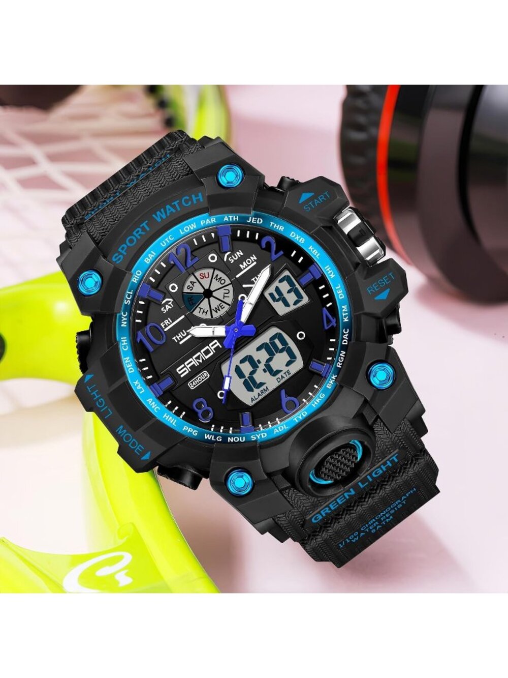 Women's Black Blue Digital LED Light Large Face Analog Multifunctional Watch - Picture 2 of 6